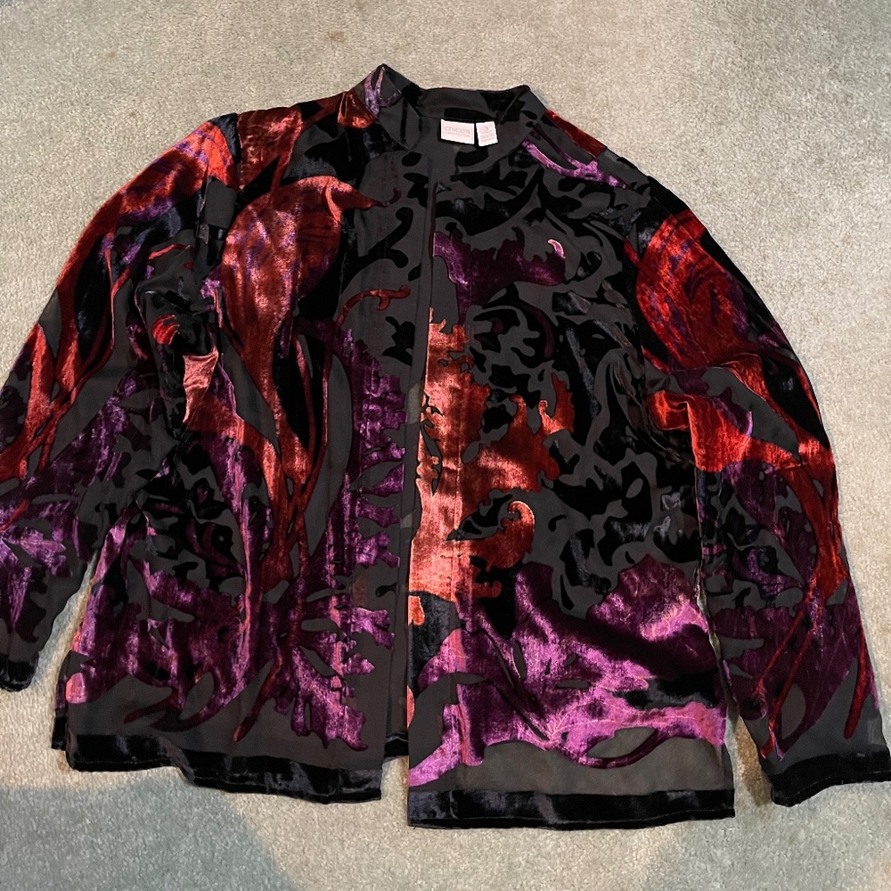 PARTY PERFECT Black Jacket With Velvet Multi-color and Burn-0ut Designs